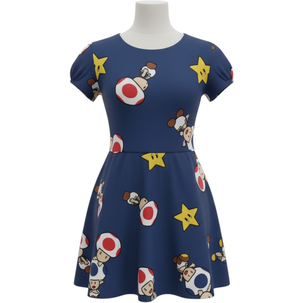 Super Mario Toad Power Star Dress Girls Small Blue Nintendo Hybrid Skater Dress